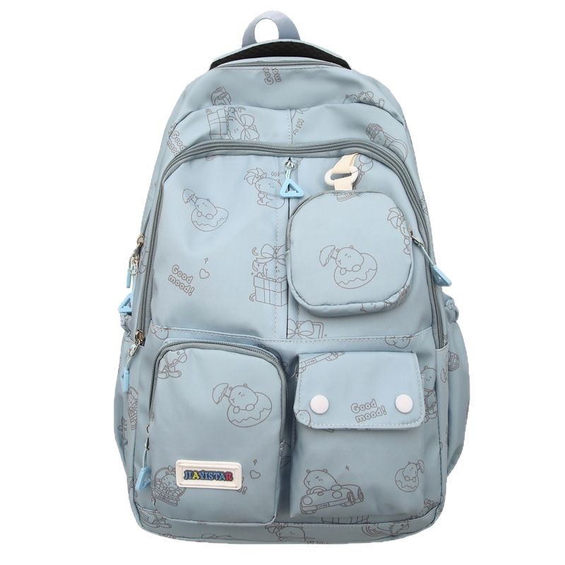 The new style of schoolbag for girls is cute and has a large capacity. It features a cartoon print backpack with multiple pockets, a coin purse and a practical backpack Item Picture