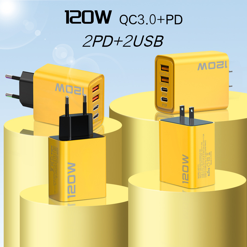 120W dual PD+ dual USB charger, suitable for iPhone 15 and Huawei mobile phones. Dual Type-C fast charging head with multiple ports full figure