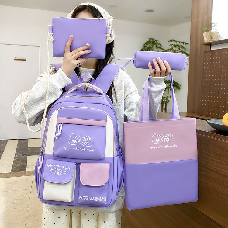 Wholesale of new cross-border student schoolbags for women, large-capacity multi-functional backpacks with contrasting colors and fashionable multi-piece sets details Picture