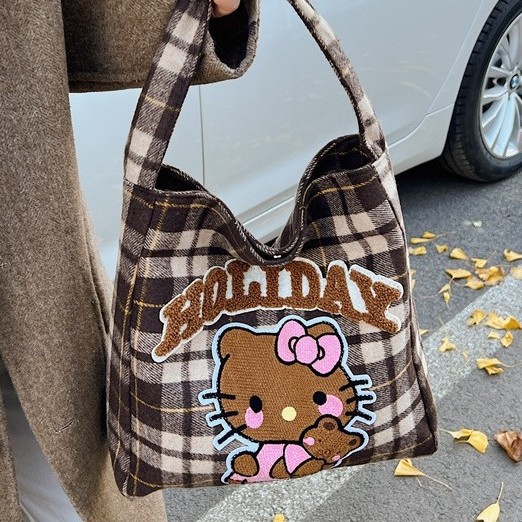 Cute cartoon kt cat fur tote bag for women 2024 new autumn and winter, large capacity single-shoulder bag for class, underarm bag full figure