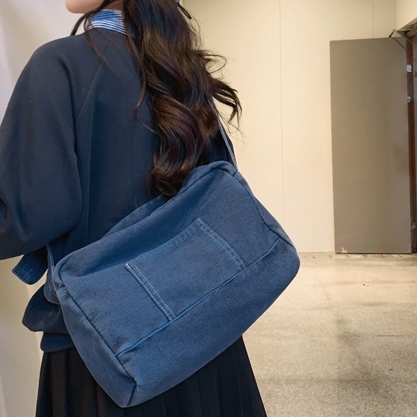Japanese-style washed denim canvas bag, women's large-capacity crossbody bag, 2024 new style college student casual single-shoulder bag Specification drawing