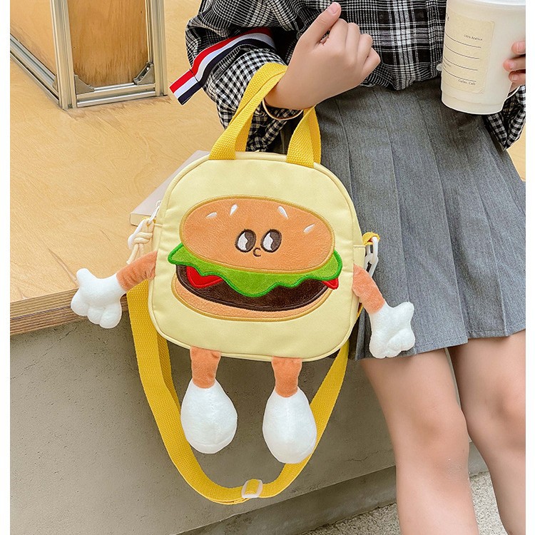 Parent-child cute single-shoulder crossbody bag, girl cartoon plush embroidered hamburger bag, girl hand-held crossbody bag full figure