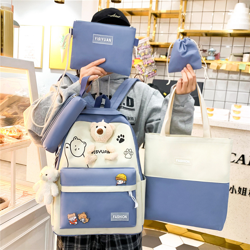 New five-piece schoolbag set, cute Korean bear doll for girls, junior high school campus backpack, canvas student backpack details Picture