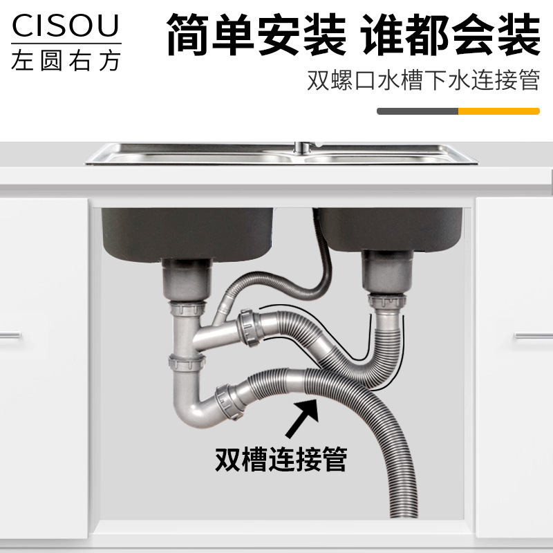 Kitchen double-head sink drain pipe, vegetable basin sink, double-screw outlet drain pipe connection hose, extension accessory details Picture