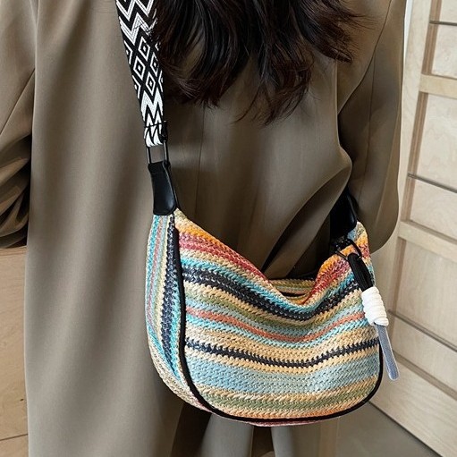 Rainbow Woven Bag Women's 2025 New Style, fashionable and fresh, crossbody dumpling bag, large capacity single-shoulder commuter bag details Picture