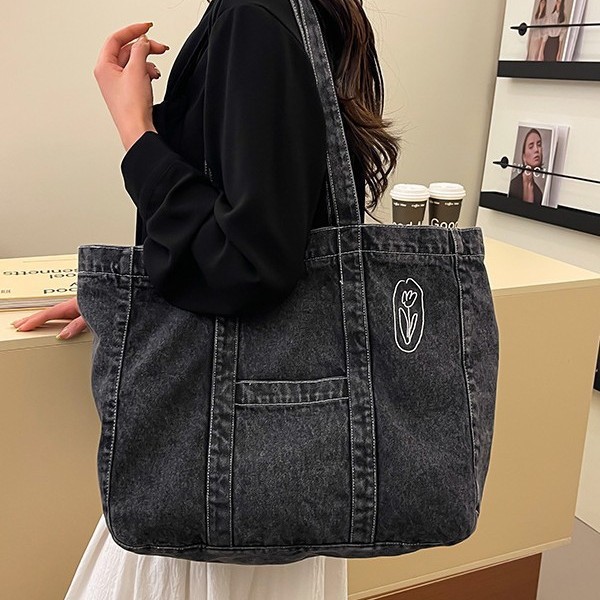 Cross-border large-capacity denim bag, women's lightweight and versatile shopping bag, student class tutorial bag, tote bag, single-shoulder bag Specification drawing