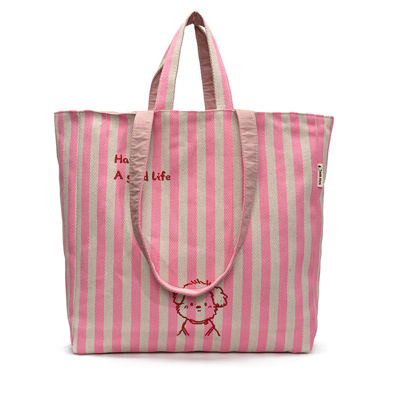 Large-capacity striped tote bag, single-shoulder canvas bag, casual open letter bag, 2024 new model student class backpack Item Picture