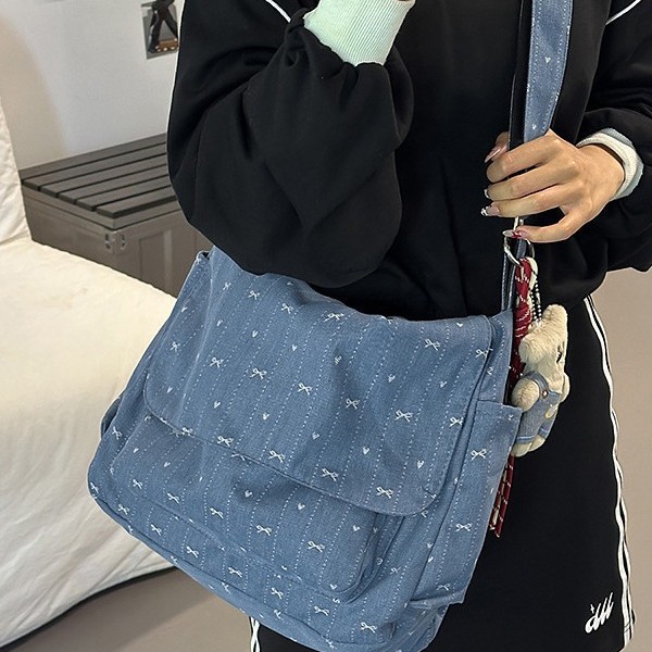 Denim canvas bag for women, retro spring/summer, fresh bow, 2025 new commuter large-capacity single-shoulder crossbody bag Specification drawing