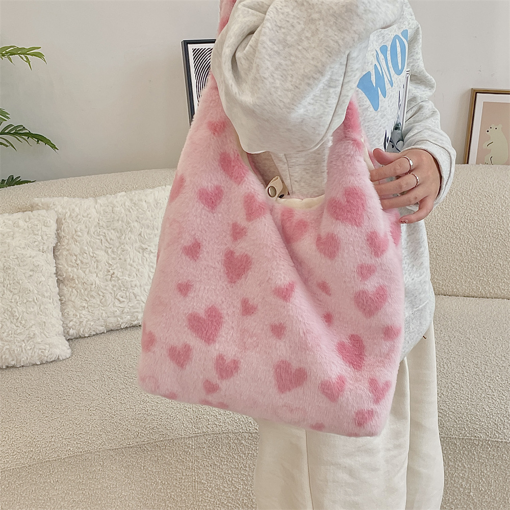 410261 Autumn and Winter New style love single-shoulder handbag, large capacity bucket bag, plush hand-carried underarm crossbody bag details Picture
