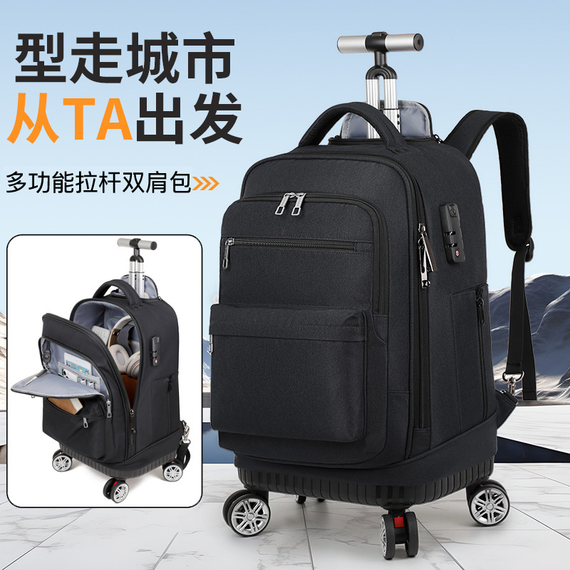Business backpack with handle, swivel wheels, combination lock, travel bag, large capacity, wear-resistant and water-resistant, Oxford cloth backpack full figure