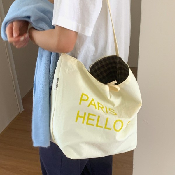 Korean version 2025 canvas tote bag, artistic and retro, large-capacity letter single-shoulder bag, double-sided dual-purpose crossbody bag, trendy full figure