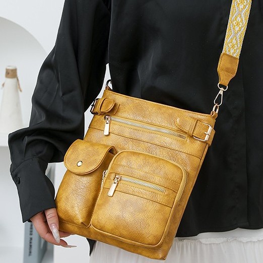 Cross-border women's bag retro soft PU crossbody bag 2025 new style European and American fashion washed leather design single-shoulder crossbody bag full figure