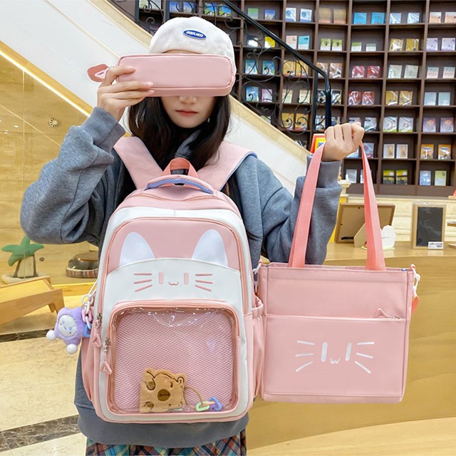 Cute cartoon cat large-capacity schoolbag, soft girl transparent smacking pain bag, backpack for primary and junior high school students Specification drawing