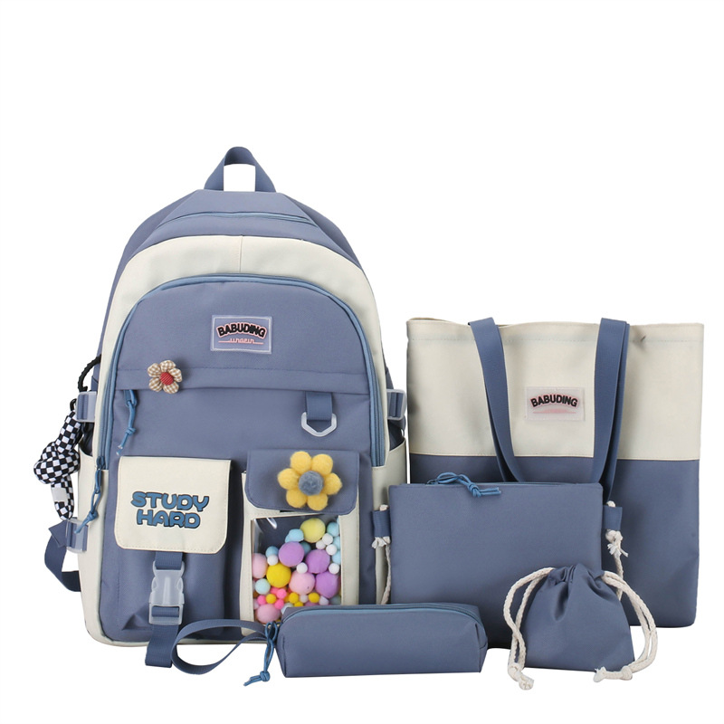 Wholesale of new Korean-style backpacks for junior and senior high school students, large-capacity five-piece sets, and casual backpacks Item Picture