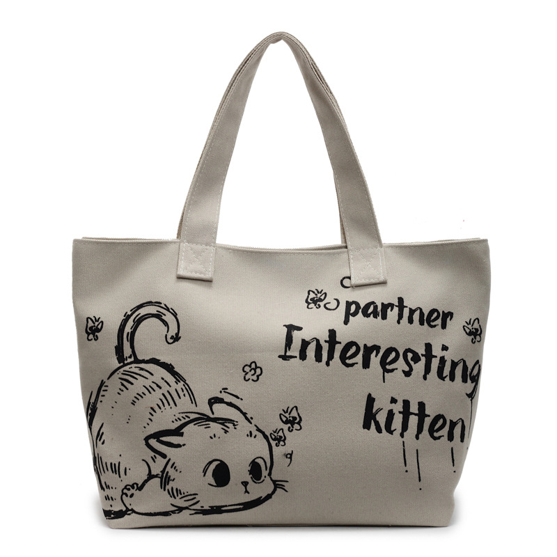New Korean version of ins women's large-capacity canvas bag, casual cartoon shopping bag, commuting tote bag Item Picture