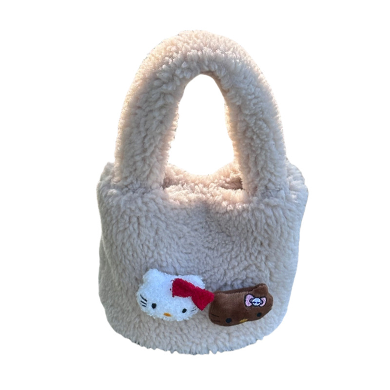 New autumn and winter style lamb cute kt plush bucket bag, three-dimensional hand-held bag, vegetable basket, magnetic buckle handbag, casual bag Item Picture
