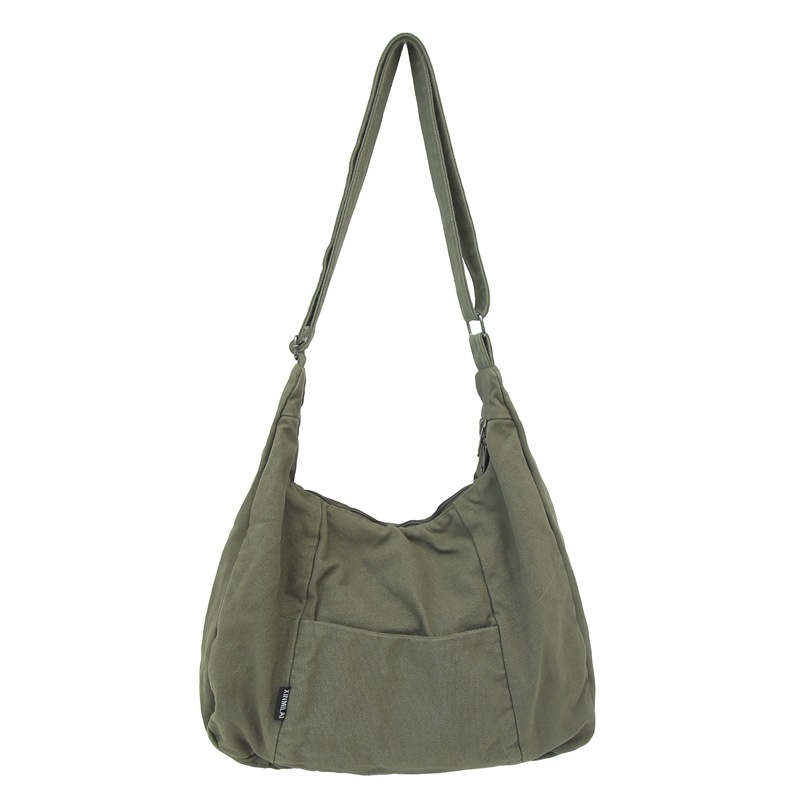 Large-capacity washed canvas bag, pleated casual crossbody bag, Japanese-style simple commuting single-shoulder bag, casual tote bag Item Picture