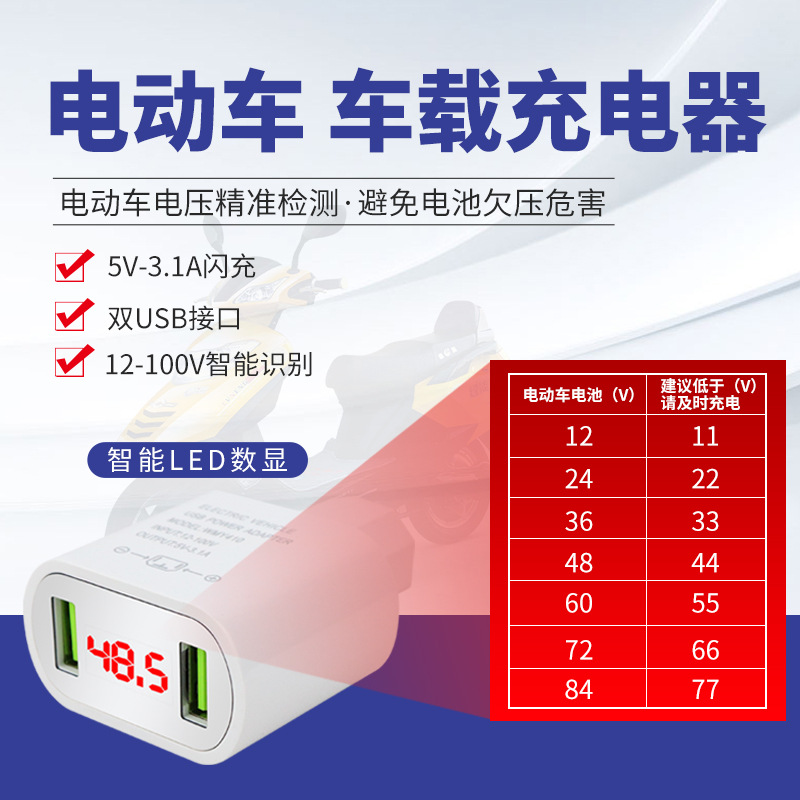 12-100V electric vehicle mobile phone charger, battery, on-board intelligent super fast charging with digital display, factory direct supply Specification drawing