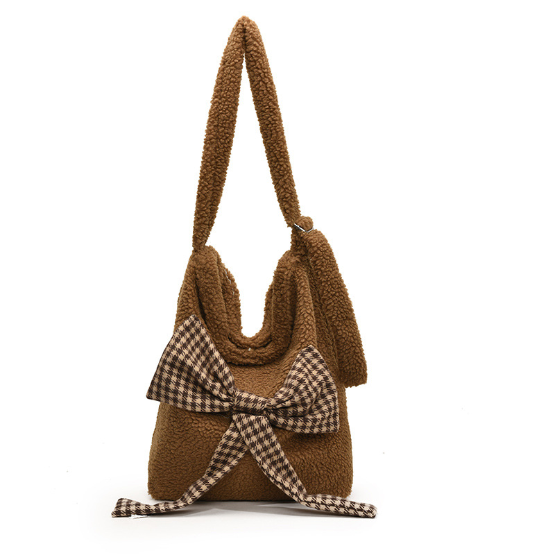 New 2024 autumn/winter crossbody single-shoulder bag, Korean InS-style bow plush bag, lambskin student cloth bag Item Picture