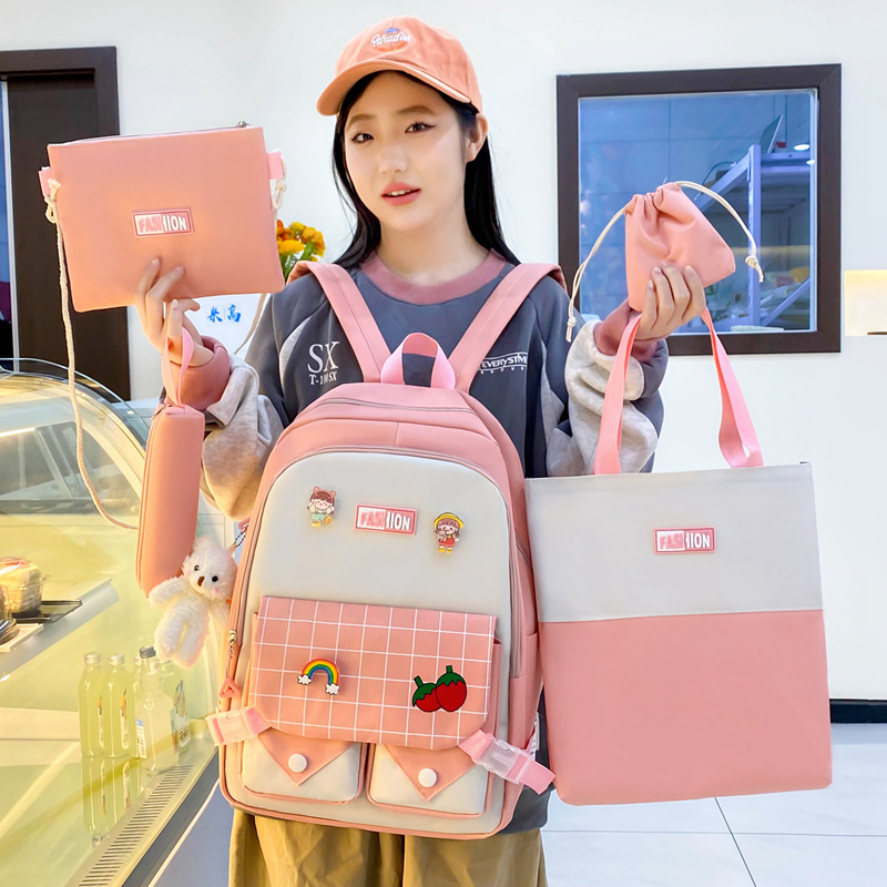 New cross-border schoolbag for girls, ins, large capacity versatile backpack for junior high school and senior high school, fashionable checkered five-piece set backpack Application Scenario