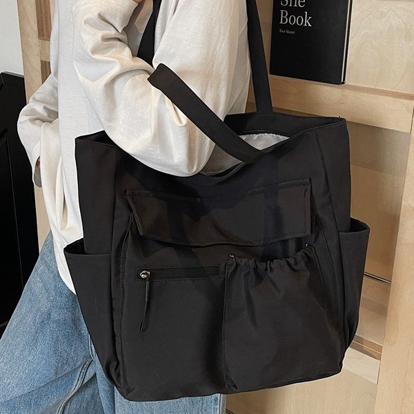 Casual large-capacity bag for women, 2025 summer, simple single-shoulder bag, canvas tote bag, college student commuting bag for classes details Picture