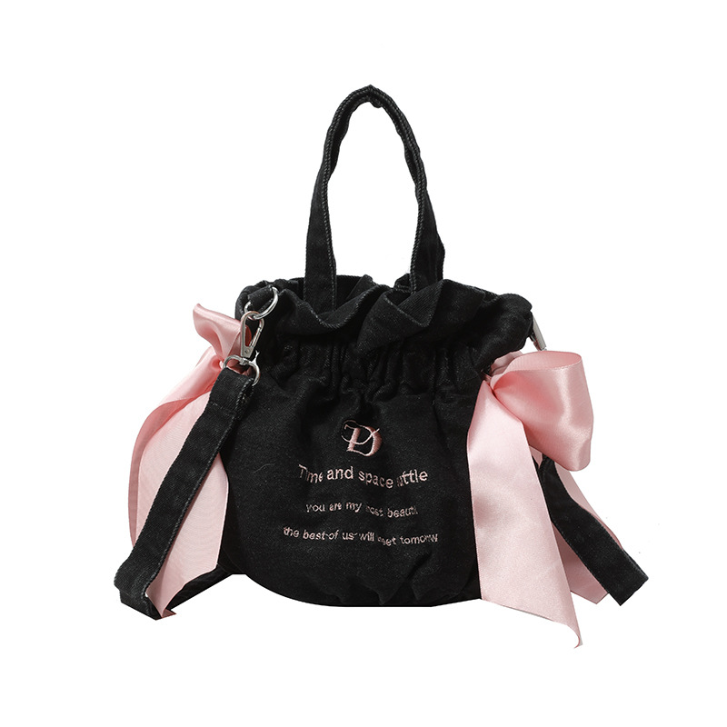Sakura fan with a fresh and light bucket bag, cute girl with a bow, single-shoulder bag, and a large capacity handbag Item Picture