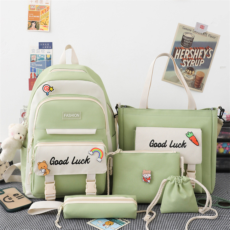 New casual campus backpack for junior and senior high school students, a large capacity five-piece backpack set in Harajuku's ins style details Picture