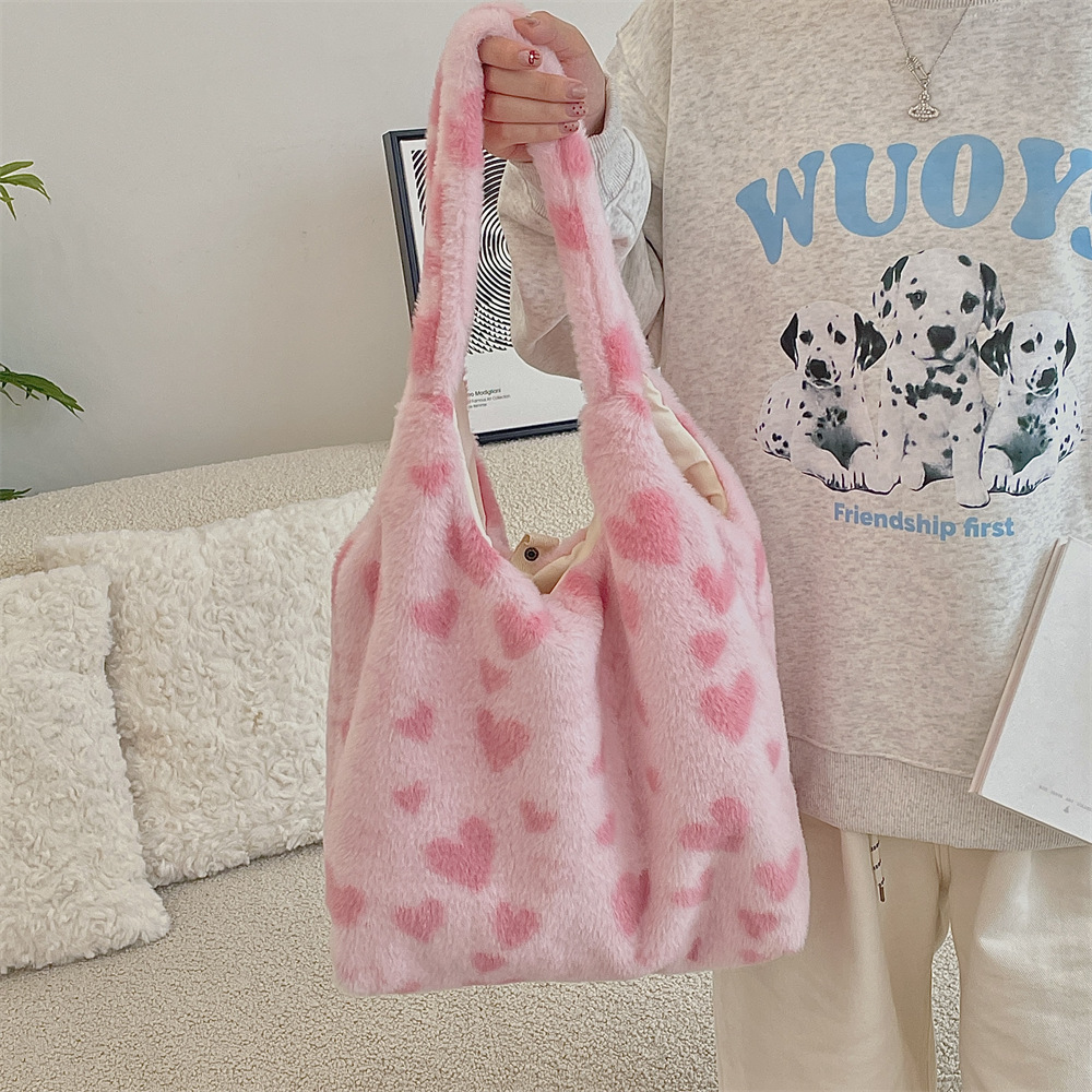 410261 Autumn and Winter New style love single-shoulder handbag, large capacity bucket bag, plush hand-carried underarm crossbody bag Specification drawing