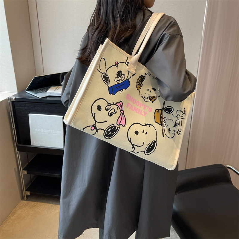 New cartoon-printed canvas large-capacity tote bag for girls, ins hand-carry bag for commuting, shopping and going out Specification drawing