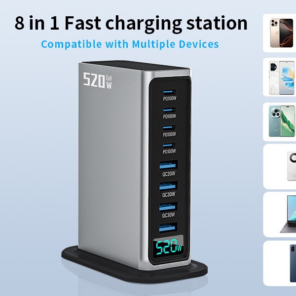 Cross-border private model bestseller: High-end 520W gallium nitride charger Fast charging head, 8-port desktop charging station, AI digital display full figure