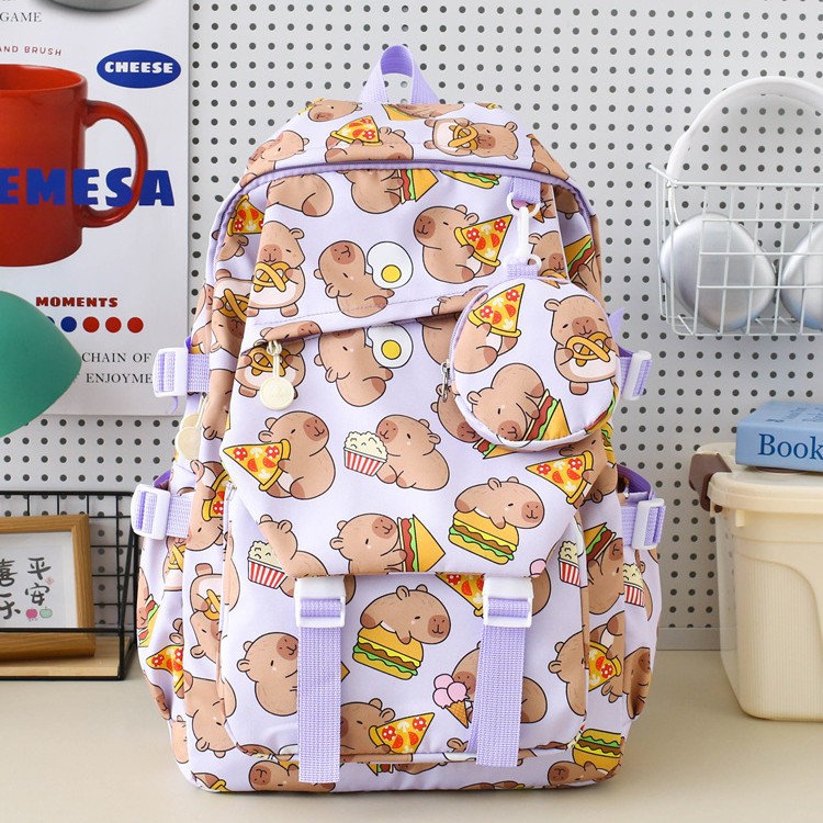 Cartoon-printed Capibara primary school backpack for girls, cute graffiti capybara, large capacity, lightweight high school backpack details Picture