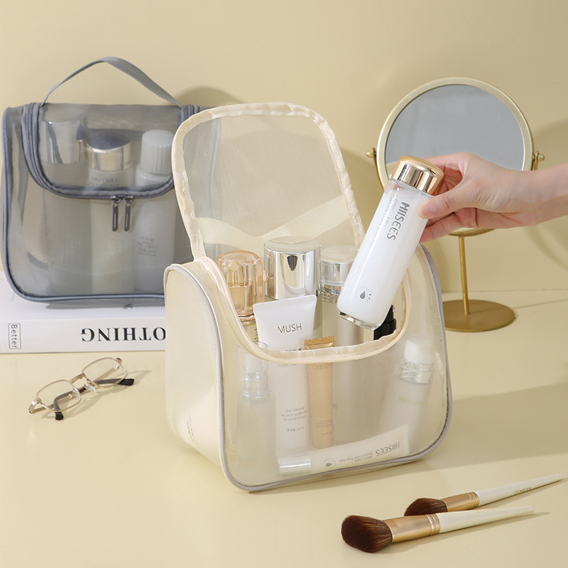 Mesh hand-held makeup bag, large-capacity portable cosmetics storage bag, multi-functional toiletries bag, high appearance level curved bag details Picture