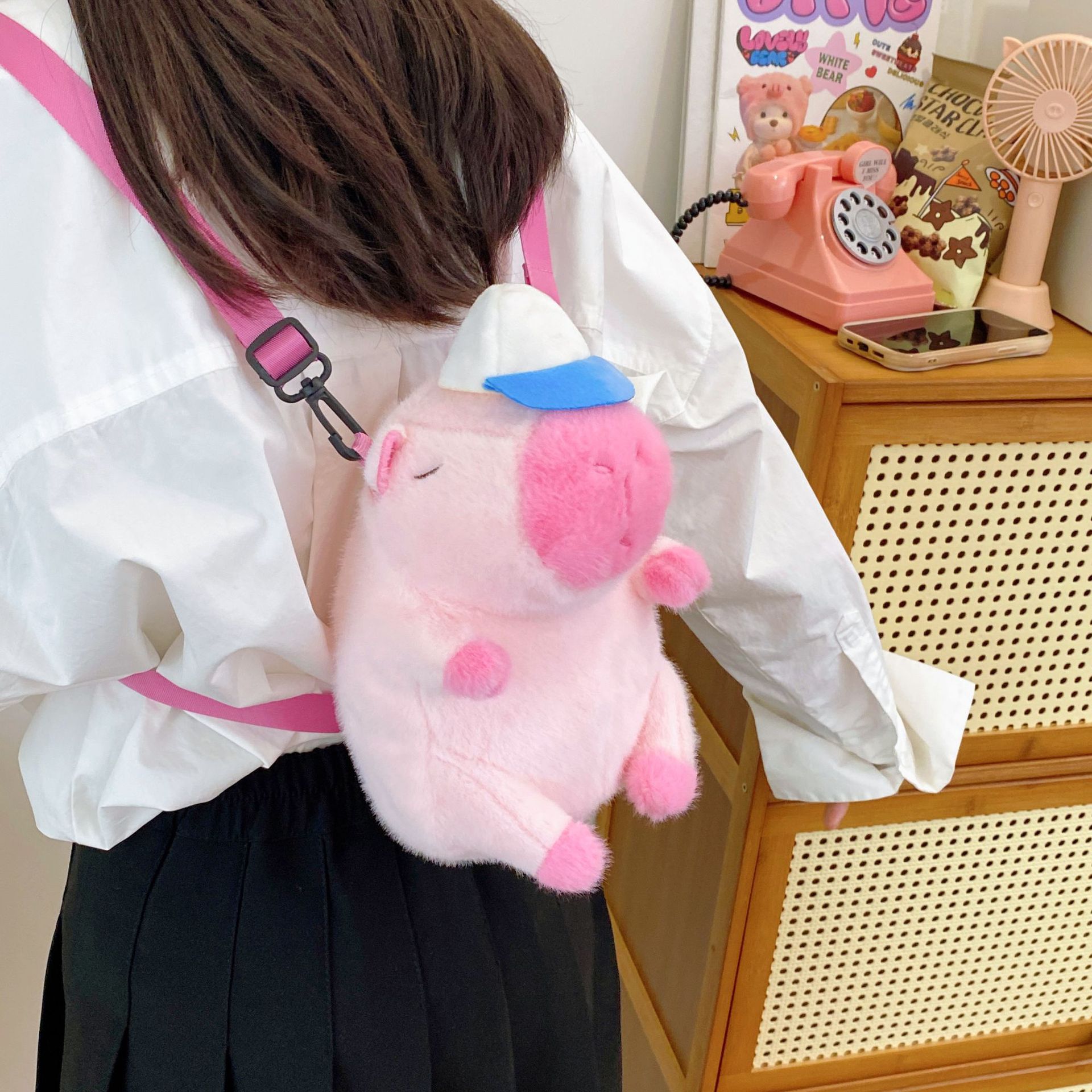 New Capibara crossbody backpack, cute and ugly doll bag, large-capacity capybara double-back storage bag wholesale details Picture