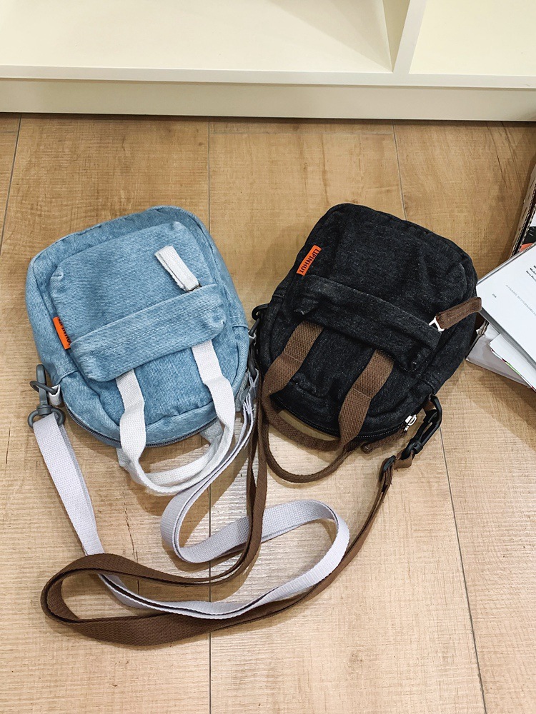 Denim small backpack, Japanese retro crossbody bag, solid color simple single-shoulder phone bag, casual summer small square bag Specification drawing