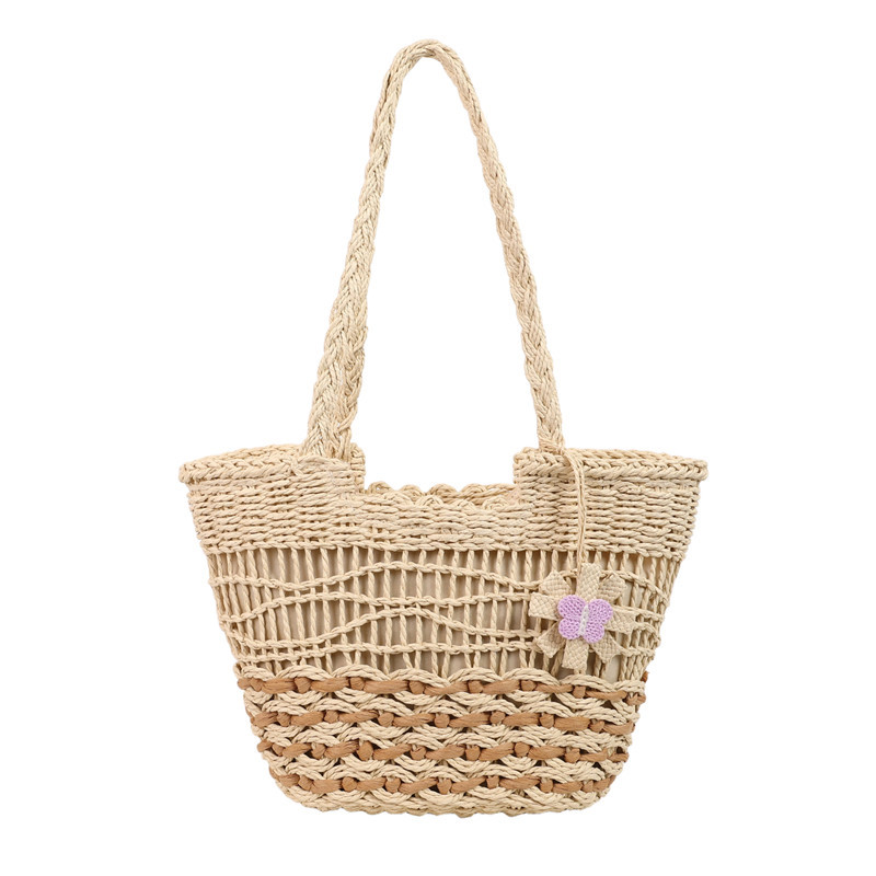 2025 New butterfly flower color-blocking paper rope woven bag, single-shoulder straw woven bag, casual ladies' bag, beach vacation Item Picture