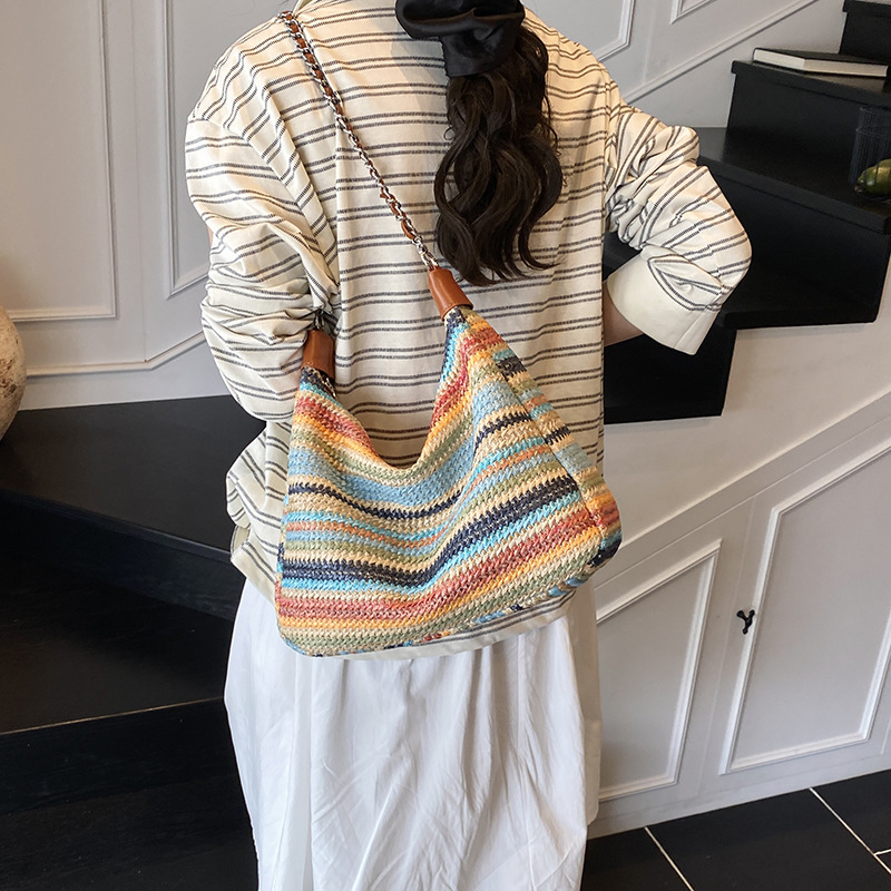 2025 Summer Seaside vacation beach woven bag for women's casual wear, large capacity, fashionable color contrast, versatile single-shoulder crossbody bag Specification drawing