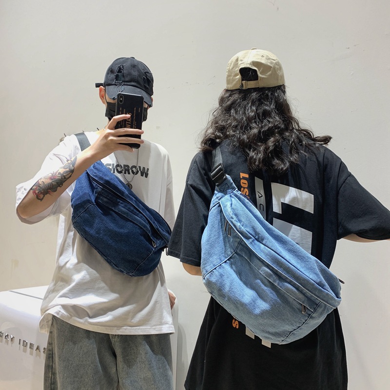 Washed denim crossbody bag for women, large capacity, artistic style, single-shoulder street functional waist bag, fashionable, individual and trendy chest bag details Picture