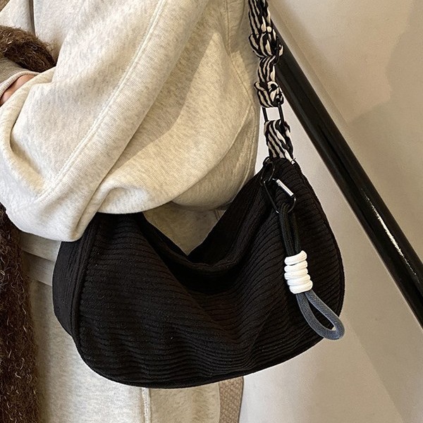 Korean corduroy bag for women, simple and casual, striped fleece single-shoulder bag, solid color, large capacity crossbody bag, hand-held fabric bag details Picture