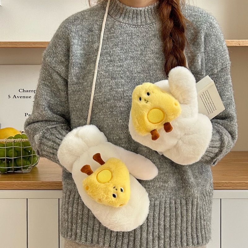 New two-piece set of three-dimensional cute cheese for students to keep warm and protect against the cold in autumn and winter, thickened mitten gloves, crossed neck for girls Application Scenario