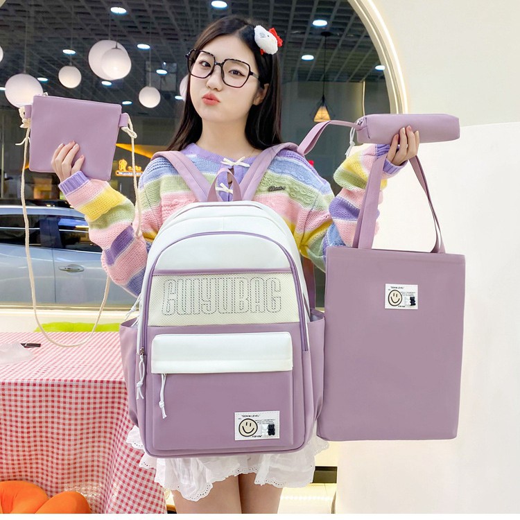 New color-blocking school-style backpack for junior high school students, large-capacity four-piece schoolbag for primary school students, and lightweight commuting backpack details Picture