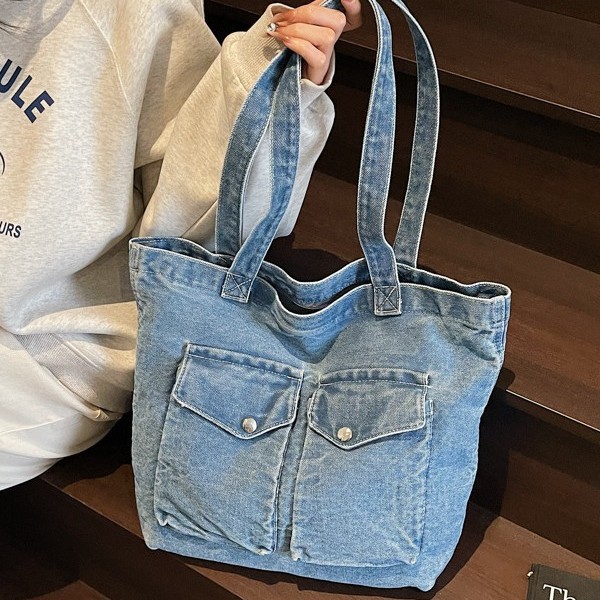 Large-capacity denim canvas bag for women, 2025 new style student schoolbag, travel handbag, commuting single-shoulder bag full figure