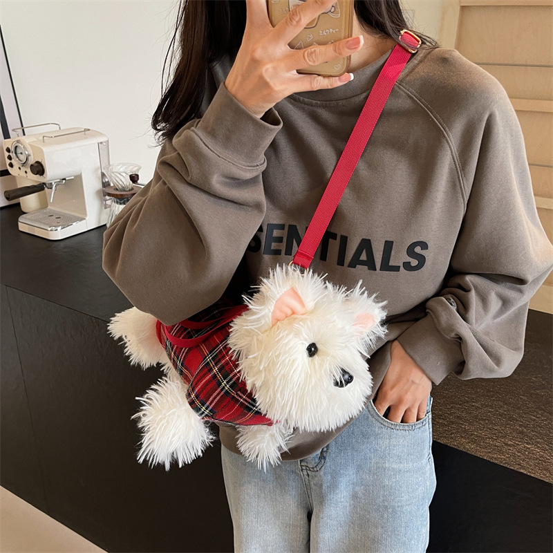 New cartoon West Highland puppy doll crossbody bag plush toy girl soft girl hand and shoulder crossbody bag details Picture
