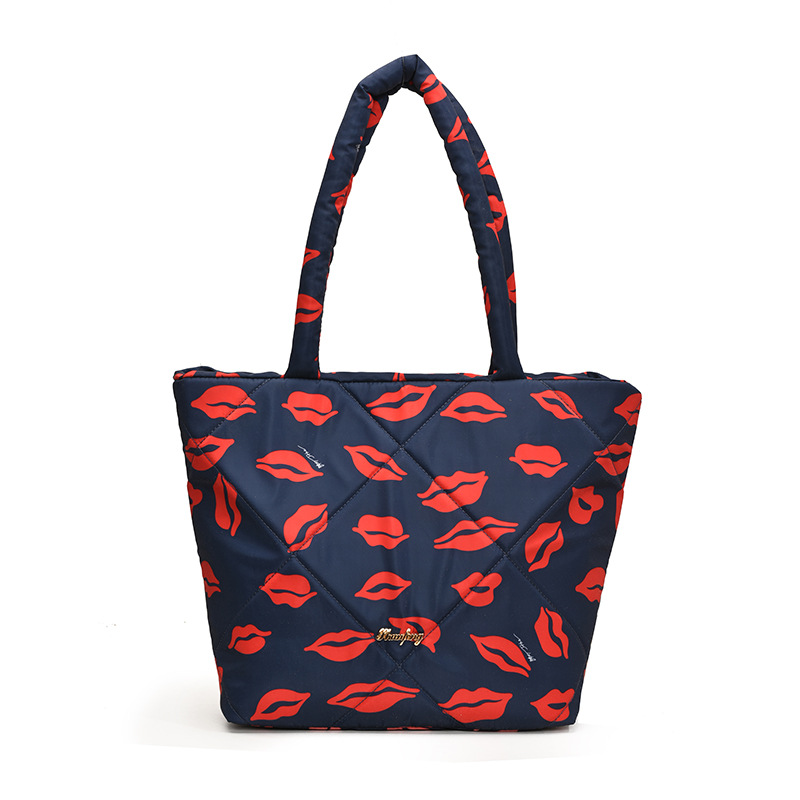 Korean style fashionable printed lip bag for women, 2024 new large-capacity single-shoulder bag for commuting, lightweight cotton jacket tote bag Item Picture