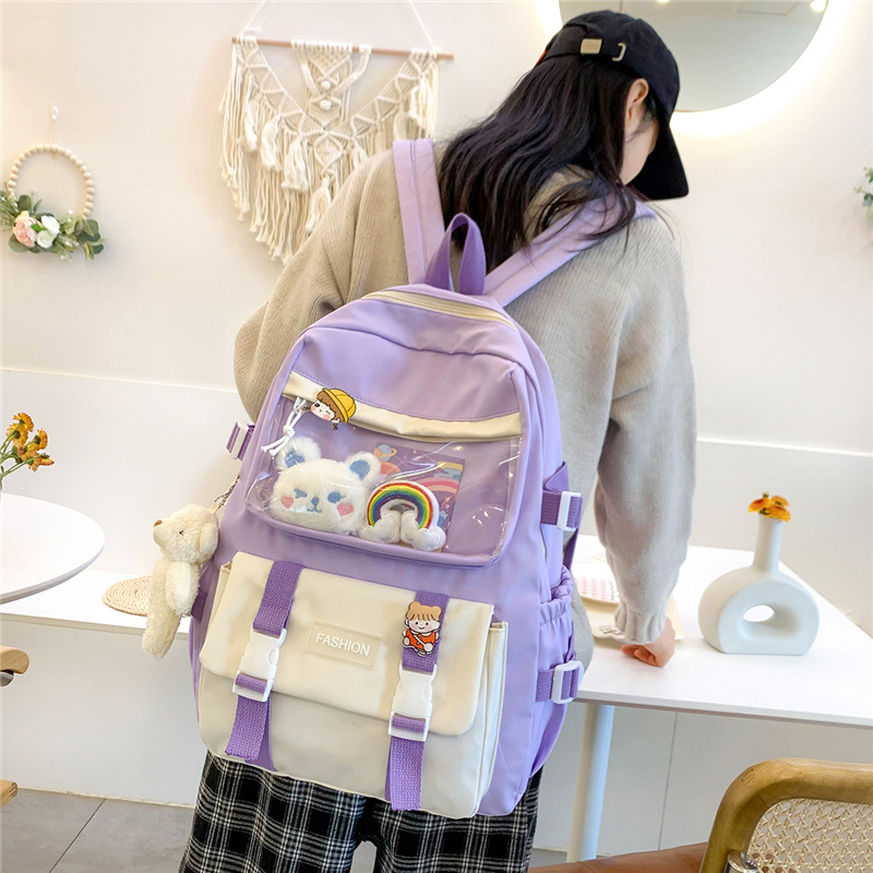 Schoolbag for girls, Korean high school forest-themed large-capacity backpack, lightweight student bag, junior high school student's color-blocking backpack details Picture