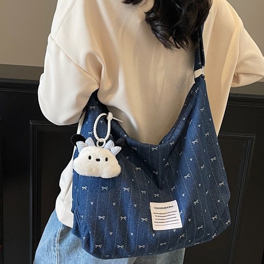 Fresh and sweet denim bow vest bag, versatile large-capacity single-shoulder bag, hand-held shopping bag, single-shoulder bag Specification drawing