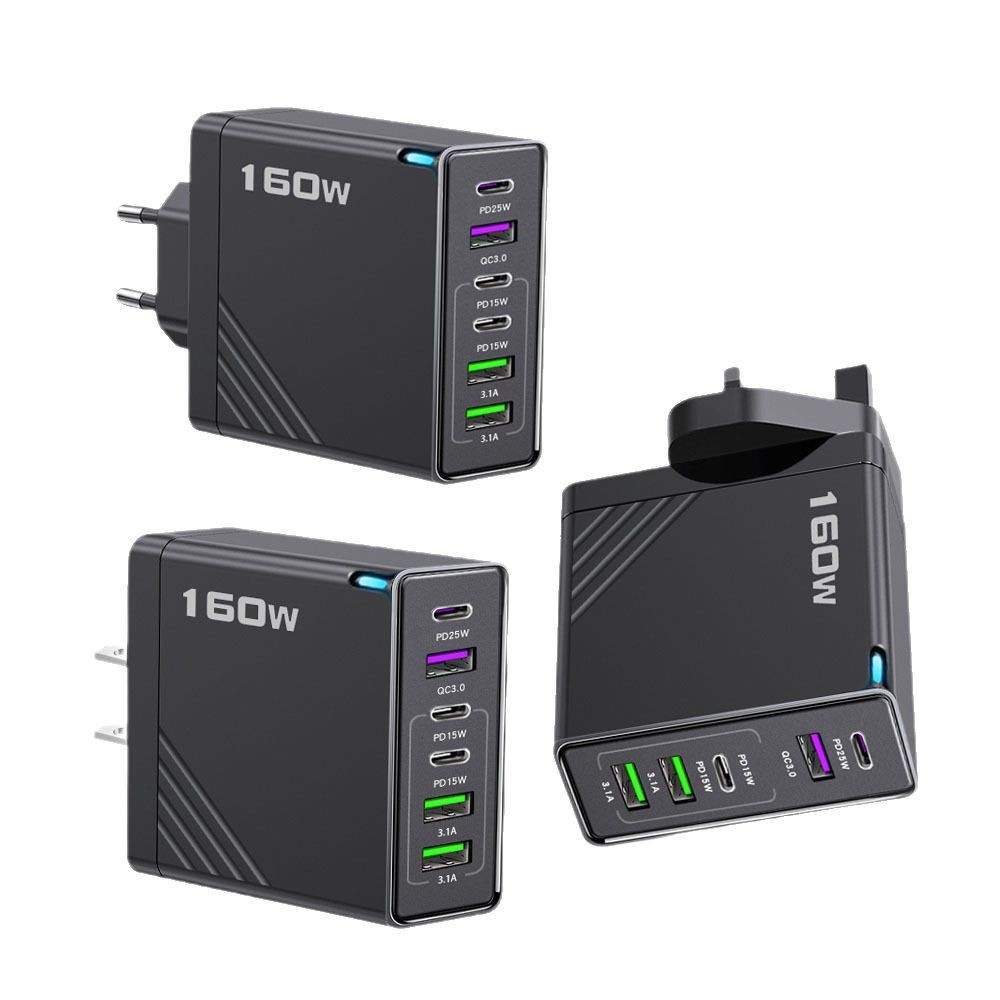 3PD+3USB mobile phone charger 5V3.1A 6-in-1, 160W multi-port adapter charging head for European, American and British standards Item Picture