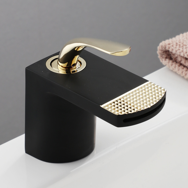 The light luxury waterfall washbasin faucet is rose gold and black. It is a creative white household bathroom sink with cold and hot water faucets Application Scenario