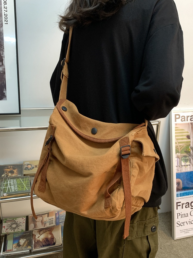 ins retro workwear feng shui wash canvas bag, large capacity crossbody bag canvas bag, Japanese-style student casual single-shoulder bag Specification drawing