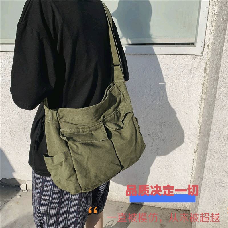 Japanese-style artistic youth high-quality canvas bag, ins casual and fashionable multi-pocket messenger bag, retro single-shoulder crossbody bag details Picture
