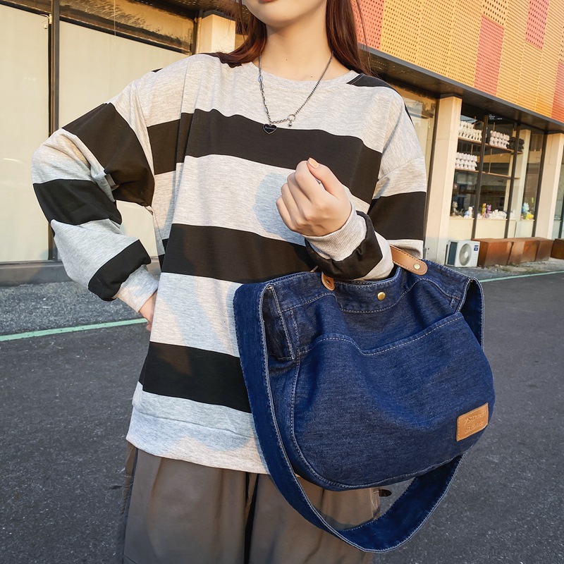Denim canvas bag, female ins college student hand-held crossbody bag, Japanese Harajuku retro postman bag, class backpack details Picture